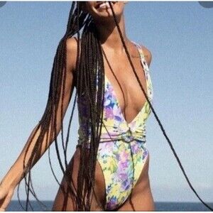 For Love & Lemons Daffodil One Piece Swimsuit Size Small Plunge Yellow Purple